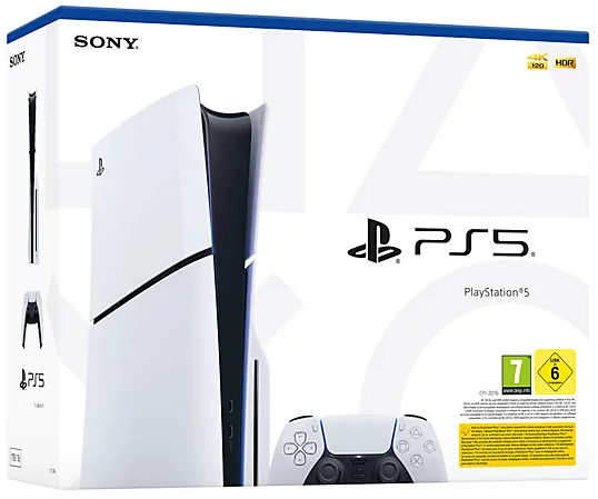 PS5 konzol és doboz. A doboz fehér, rajta PS5 kép és a kontroller alul.