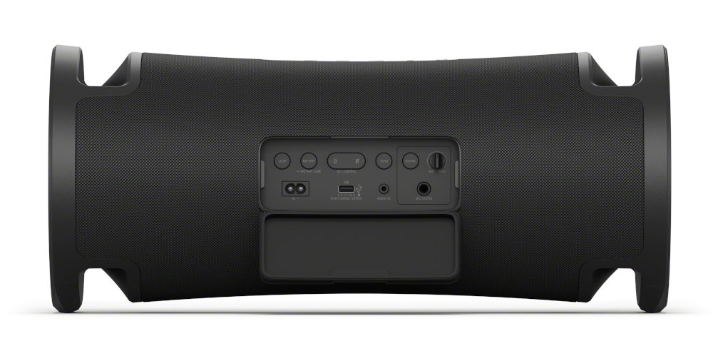 Tył czarnego głośnika Sony z przyciskami i portami.