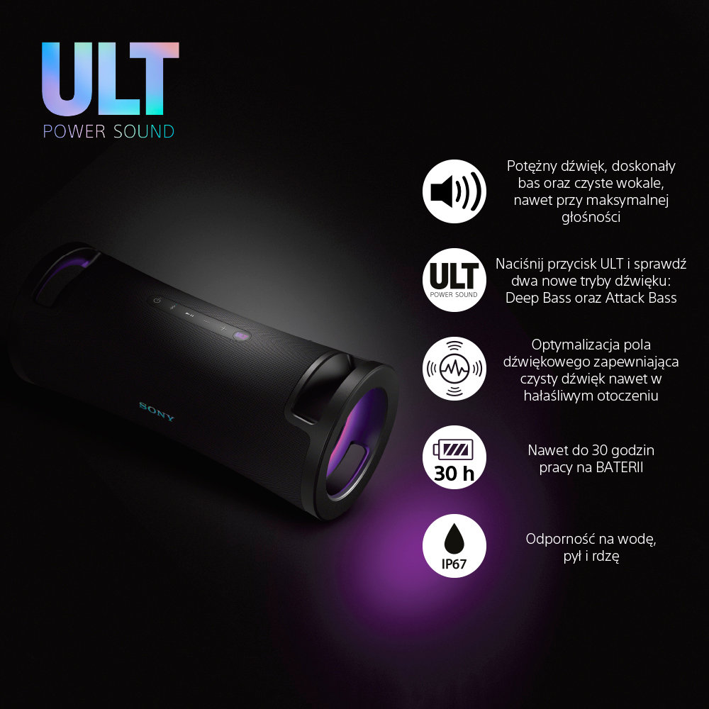 Czarny głośnik Sony z tekstem i ikonami. Pokazuje 30 godzin pracy na baterii.