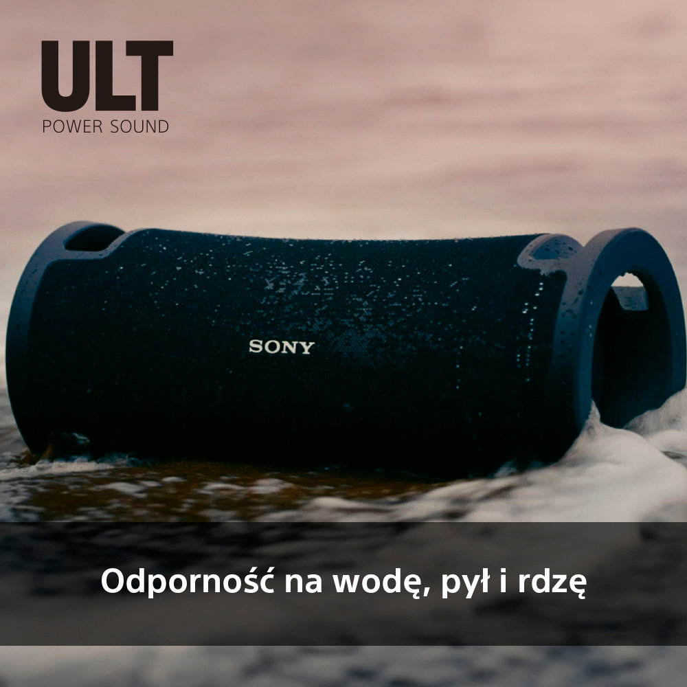Czarny głośnik Sony w wodzie z falami. Tekst 'Odporność na wodę, pył i rdzę'.