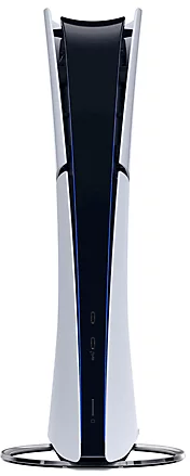 Fehér és fekete PlayStation 5 konzol függőleges nézete. Minimalista dizájn.