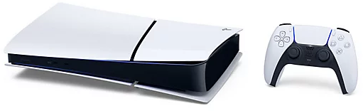 Egy fehér PlayStation 5 konzol és egy fehér PlayStation 5 vezérlő, fehér háttér előtt.