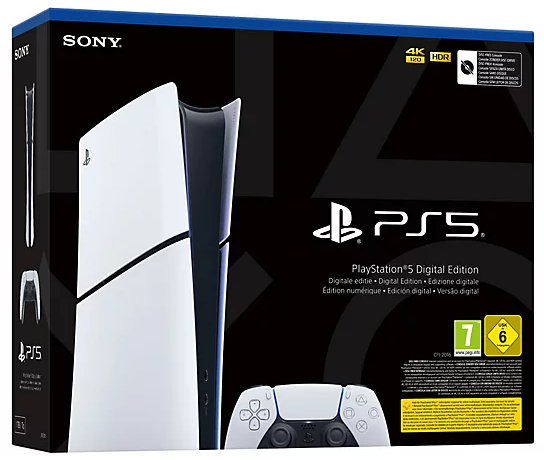PlayStation 5 doboz fehér konzol képével, szöveggel és kontrollerrel.