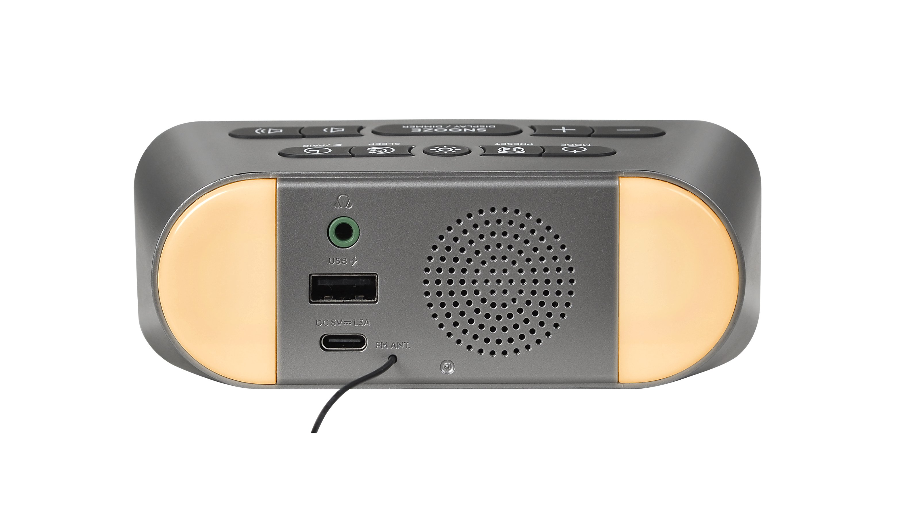 Grauer Wecker mit Lichtern an den Seiten und Knöpfen oben, USB-Anschlüssen und Lautsprecher.