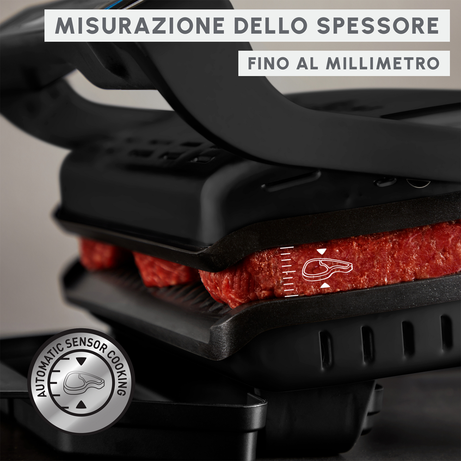 Griglia nera con carne, testo 'MISURAZIONE DELLO SPESSORE' e 'FINO AL MILLIMETRO'.