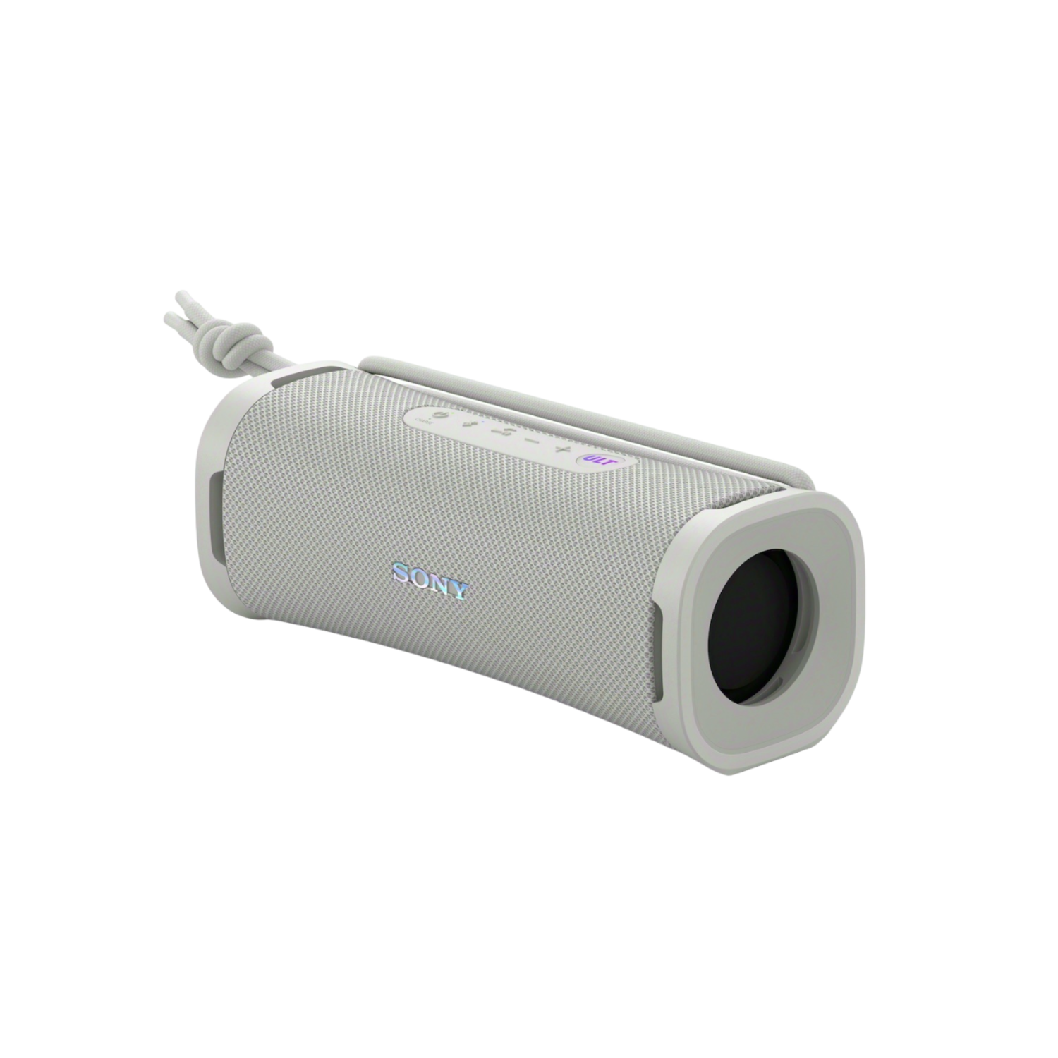 Een grijze Sony-luidspreker, cilindervormig, met een wit snoer en een zwarte achtergrond.