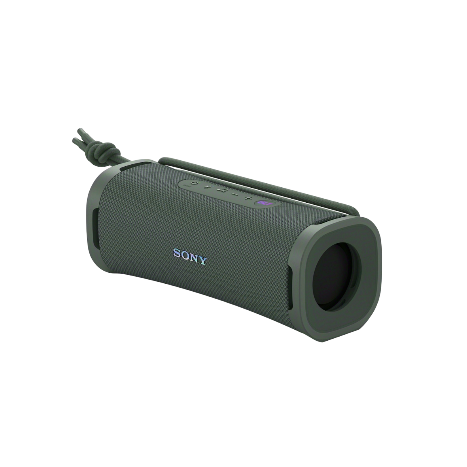 Groene cilindrische draagbare speaker met een lus. Toont Sony logo.