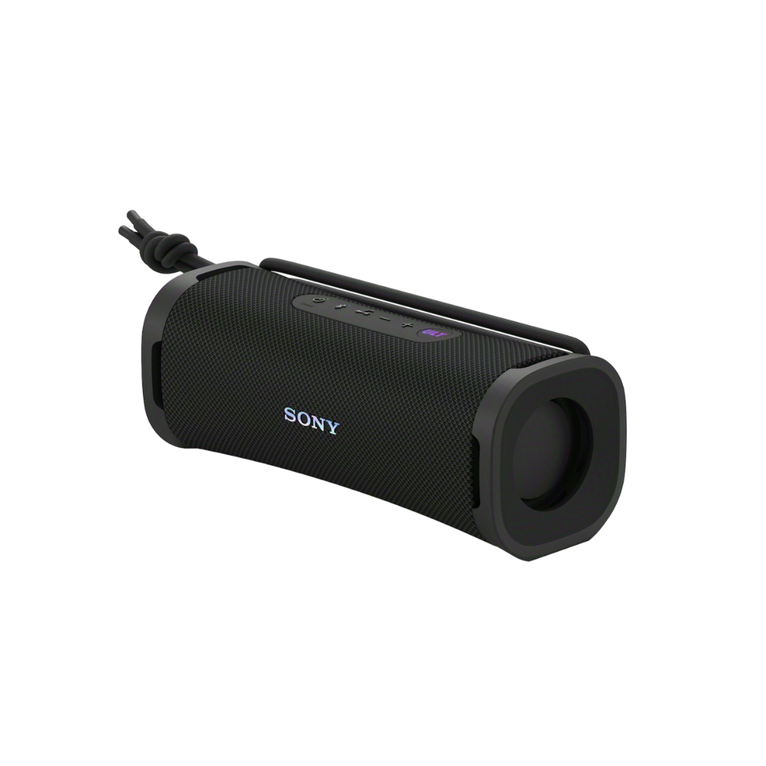 Zwarte Sony-luidspreker met knoppen en een lus. Zwarte achtergrond.