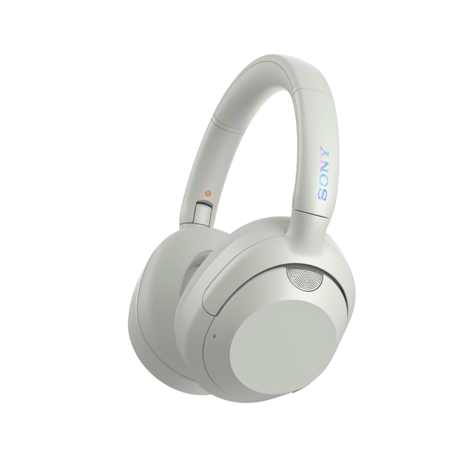 Witte Sony koptelefoon met het Sony logo op de zijkant, tegen een zwarte achtergrond.