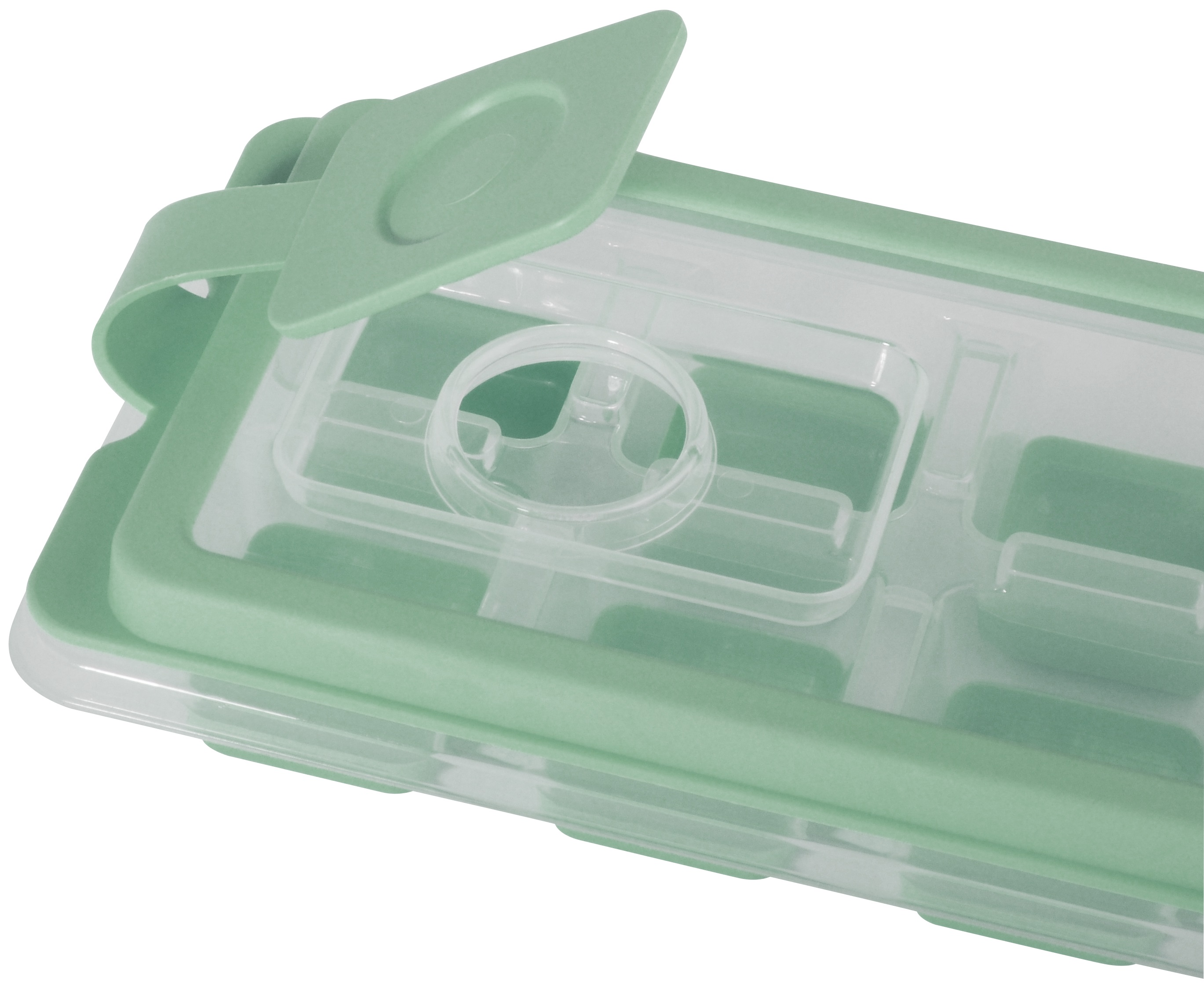 Tacka na kostki lodu, zielona, z przezroczystą pokrywą.