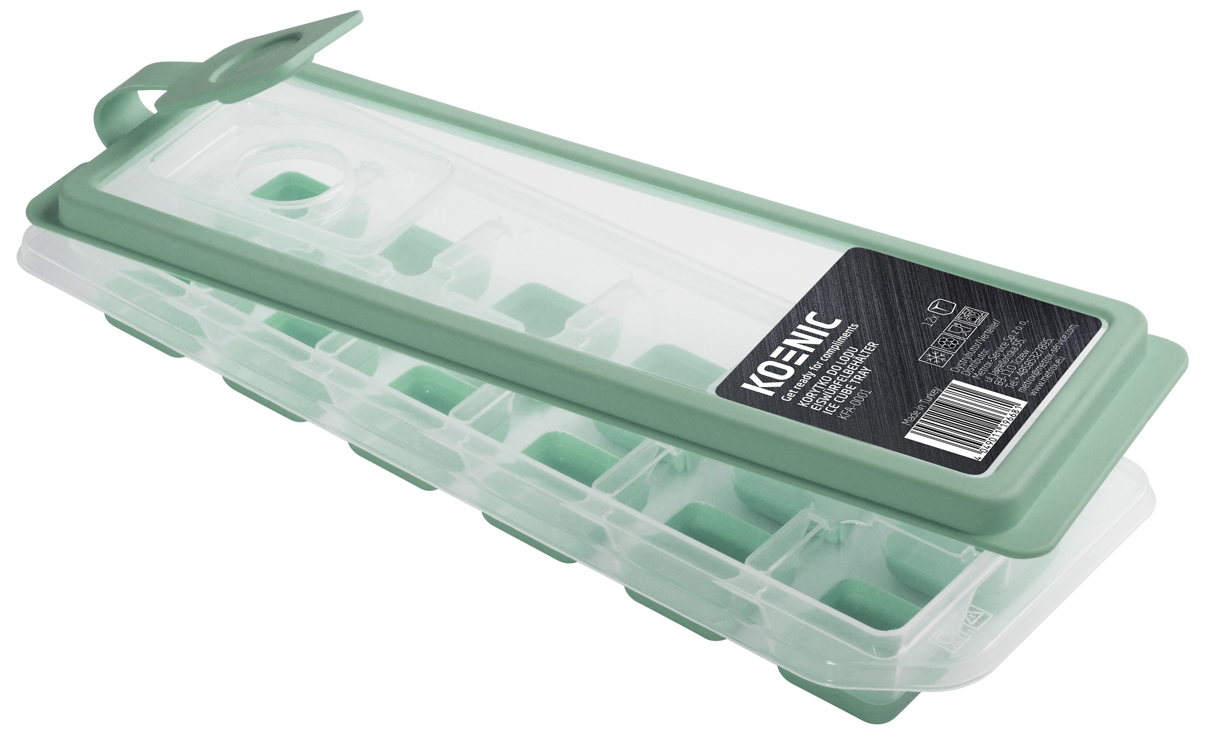 Zielona i przezroczysta plastikowa tacka na kostki lodu z przegródkami na kostki lodu.