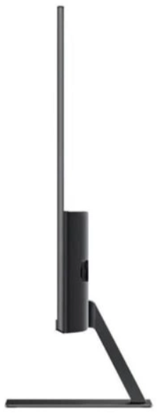 Czarny monitor komputera z boku, pokazujący cienki profil i stojak.