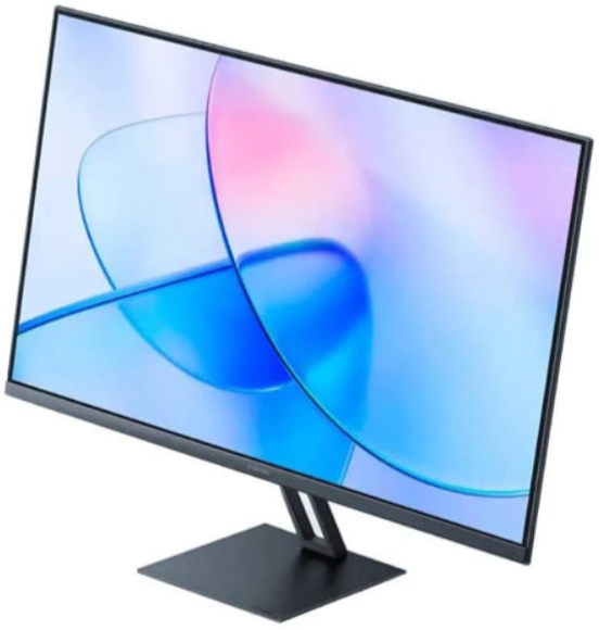 Nowoczesny monitor z cienką ramką i zakrzywionym ekranem, pokazujący niebiesko-biały wzór.