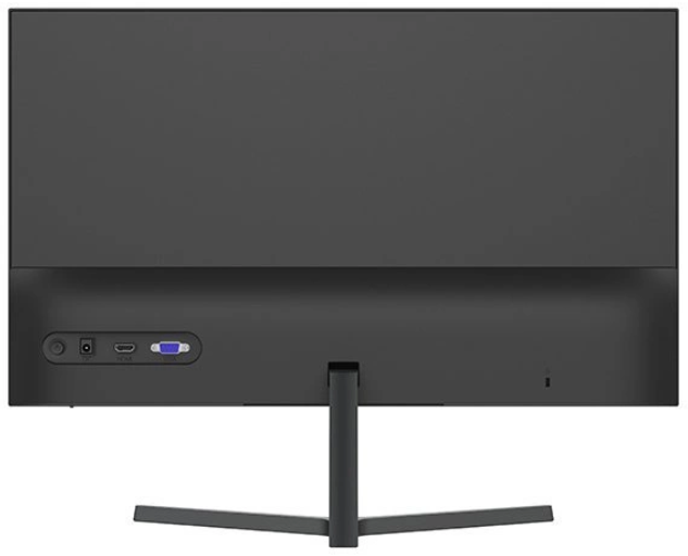 Tył czarnego monitora z portami i podstawką. Prosty i czysty design.