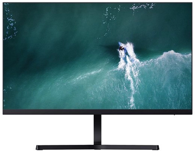 Szeroki monitor: surfer na fali. Niebieska woda, czyste niebo, czarna ramka.