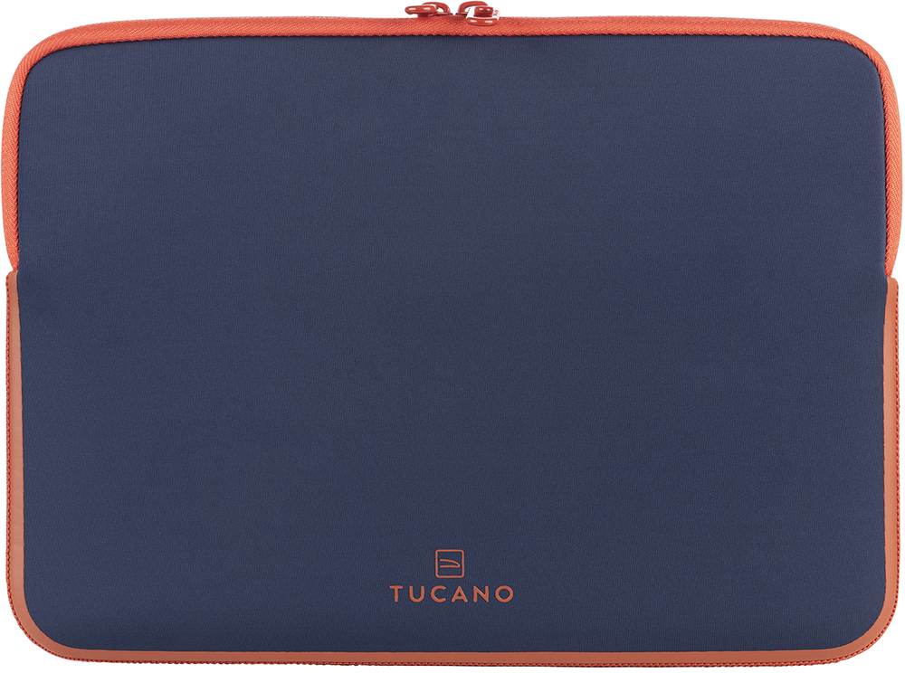 Marineblaue Laptoptasche mit orangefarbenem Rand und Reißverschluss. TUCANO-Logo auf der Vorderseite.