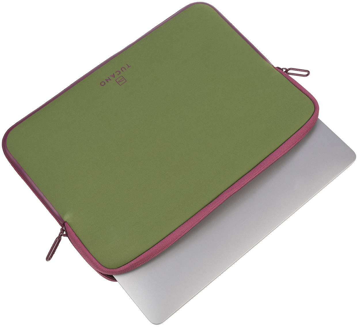 Laptop in einer olivgrünen Laptoptasche mit rosa Reißverschluss.