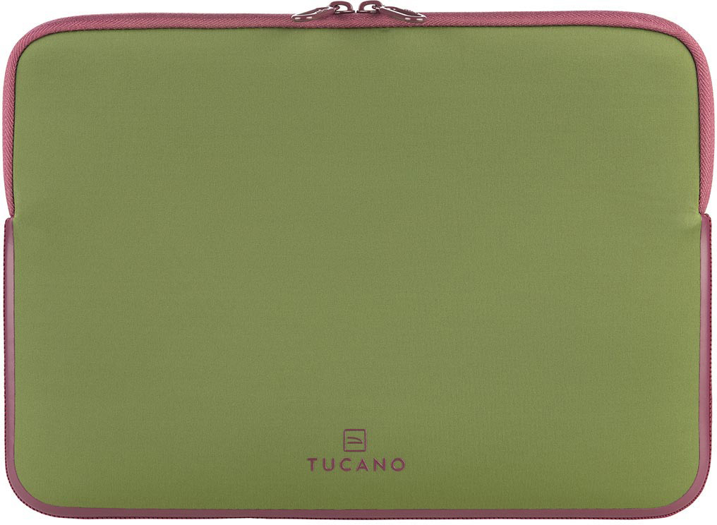 Eine grüne Laptoptasche mit rosa Rand und dem Wort 'TUCANO' unten mittig aufgedruckt.