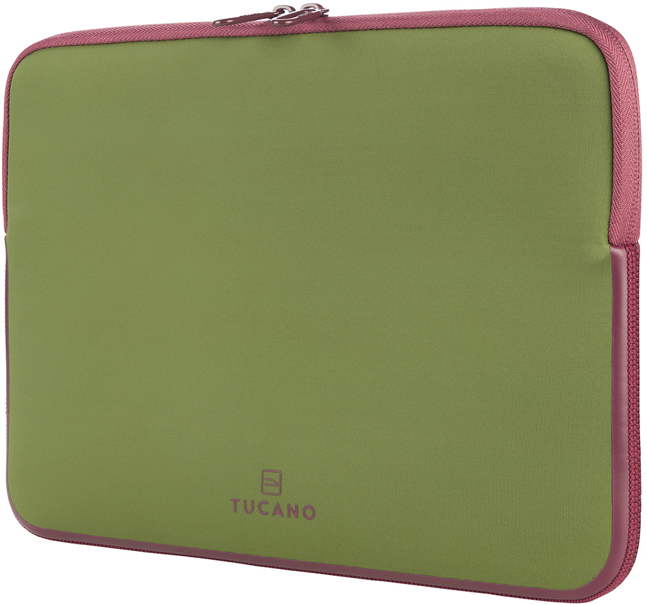 Grüne Laptoptasche mit bordeauxfarbenem Besatz und Reißverschluss. Das Wort TUCANO ist sichtbar.