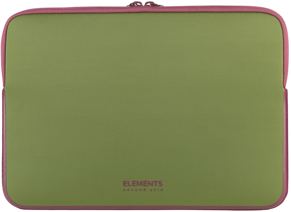 Eine grüne Laptop-Hülle mit rosa Reißverschluss und Zierleiste, mit Text 'ELEMENTS second skin'.