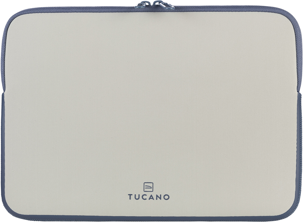 Beige Tucano-Laptoptasche mit blauem Reißverschluss und Besatz, mit Tucano-Logo.