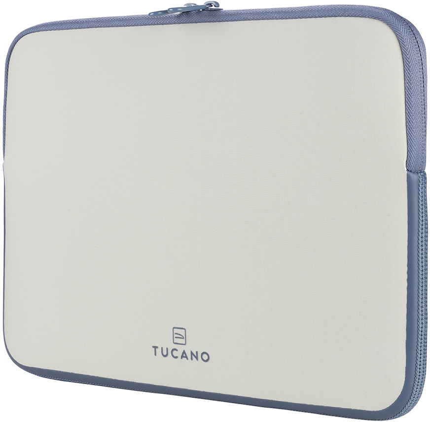 Eine weiß-blaue Laptoptasche mit Reißverschluss, die Marke ist TUCANO.
