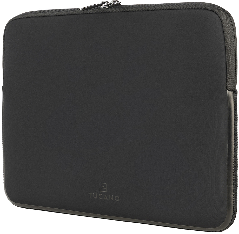 Eine schwarze Tucano-Laptoptasche mit Reißverschluss.