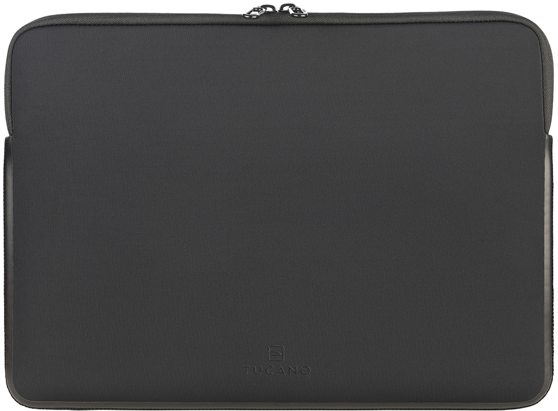 Dunkelgraue Laptoptasche, rechteckig, mit Reißverschluss und kleinem 'Tucano'-Logo unten.