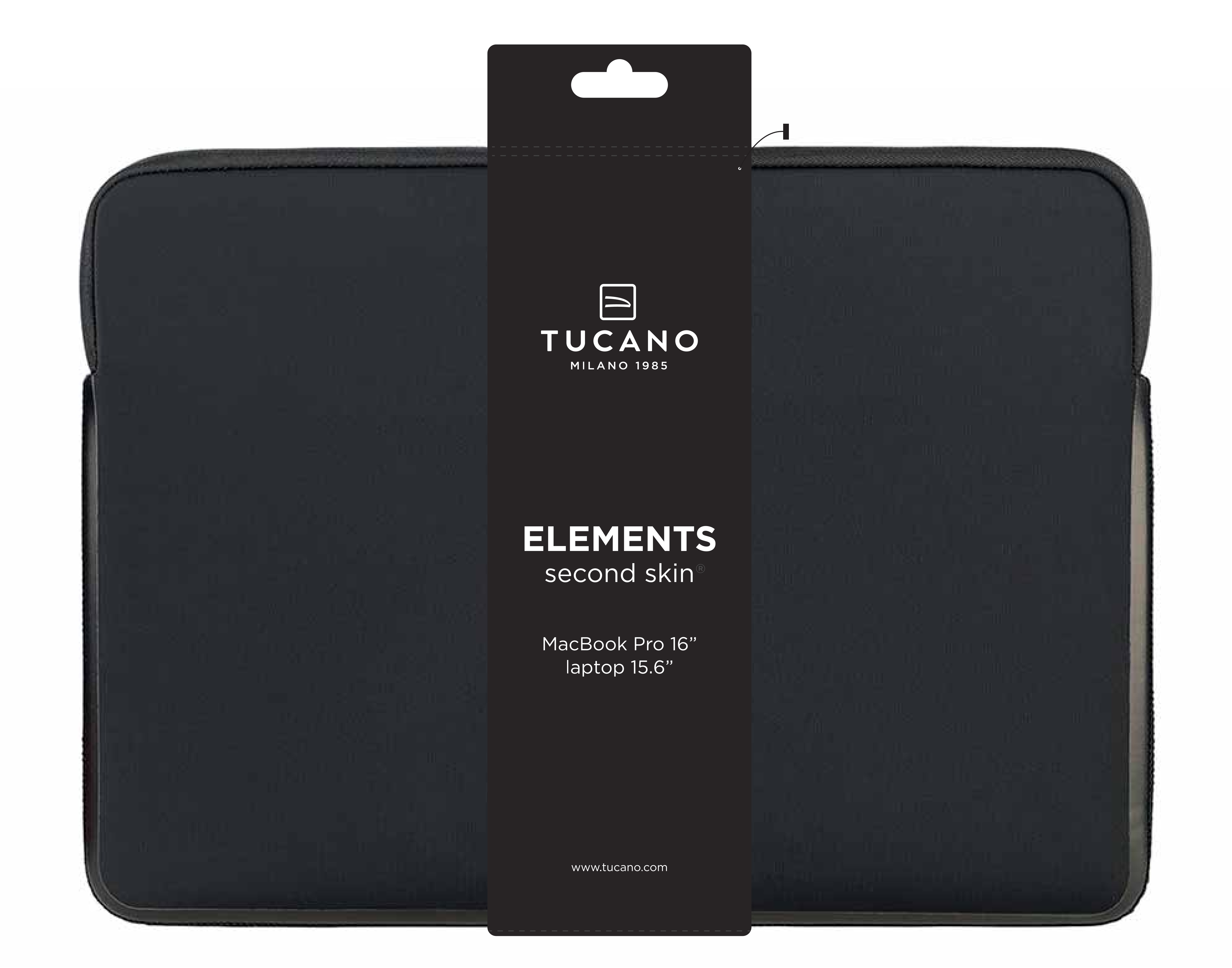 Schwarze Laptoptasche. Sie hat ein schwarzes Etikett mit der Aufschrift 'TUCANO', 'ELEMENTS second skin' und 'MacBook Pro 16'.