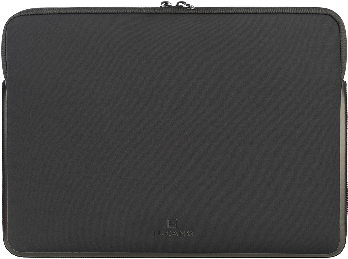Dunkelgraue Laptoptasche mit Reißverschluss und kleinem Tucano-Logo.