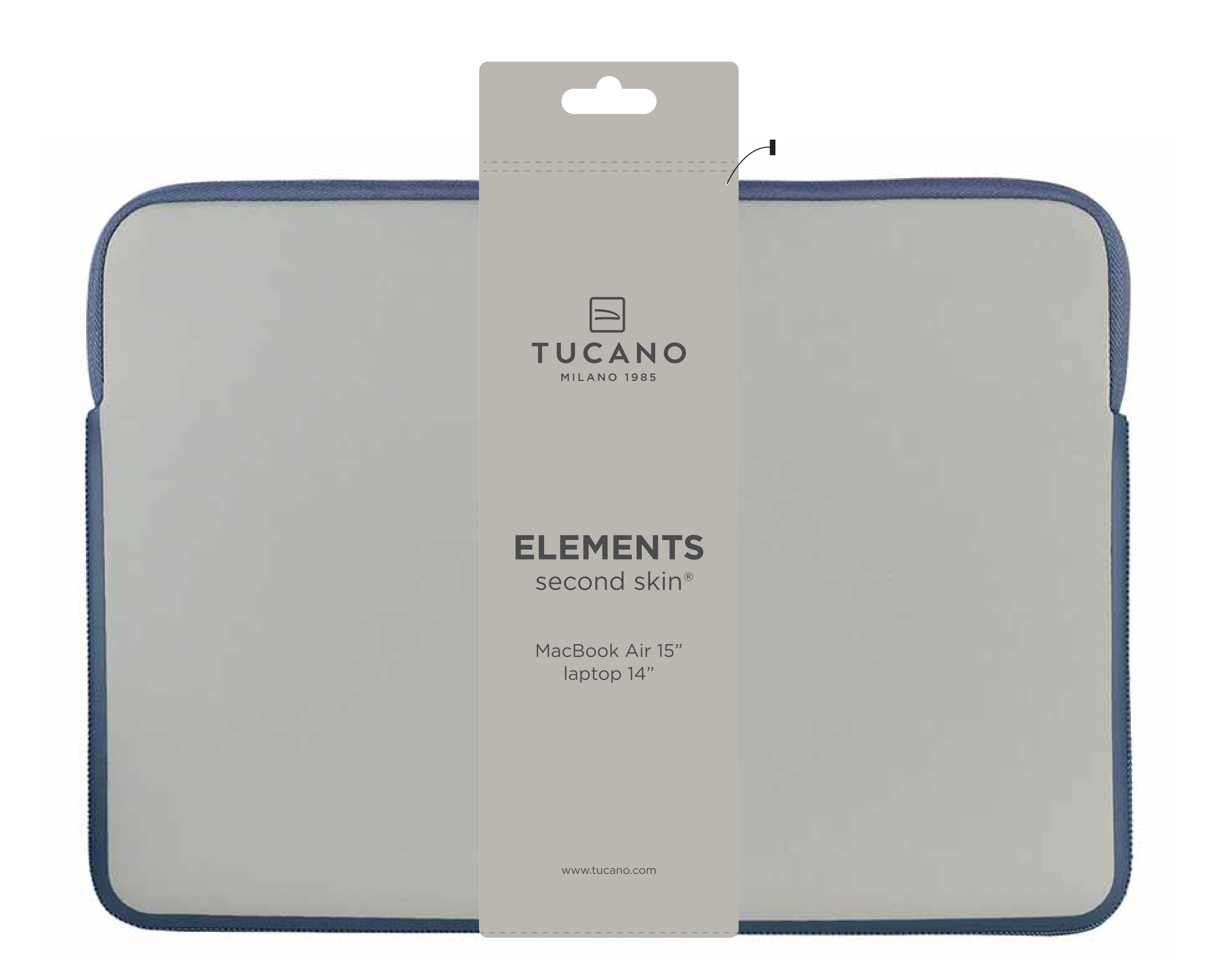 Schützende Laptoptasche mit blauem Besatz. Sie hat eine graue Oberfläche und ein Logo.