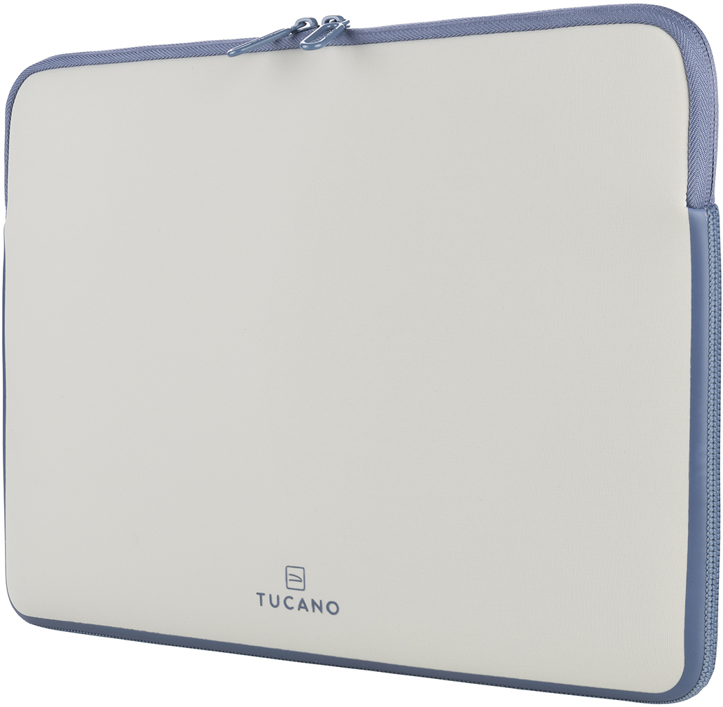 Weiß-blaue Laptoptasche mit Reißverschluss und Tucano-Logo.