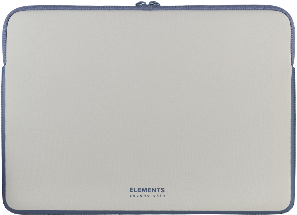 Eine hellgraue Laptoptasche mit blauem Rand und dem Text 'ELEMENTS second skin' auf weißem Hintergrund.