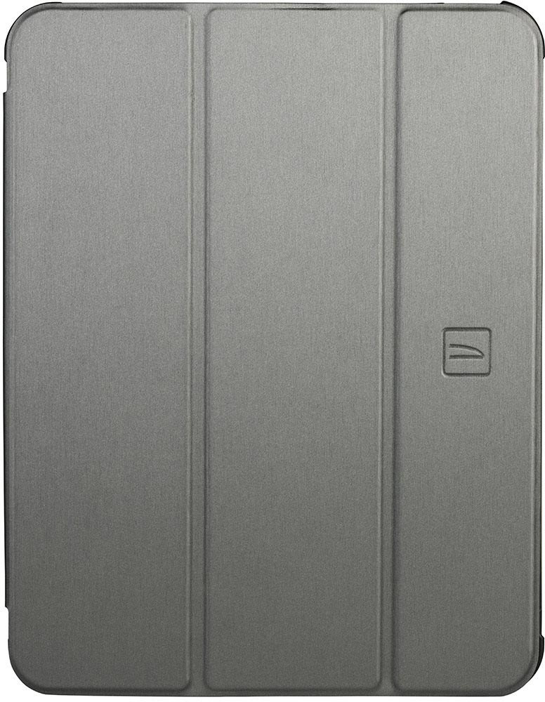 Tablet-Hülle geschlossen, grau, mit kleinem quadratischem Logo auf der rechten Seite.