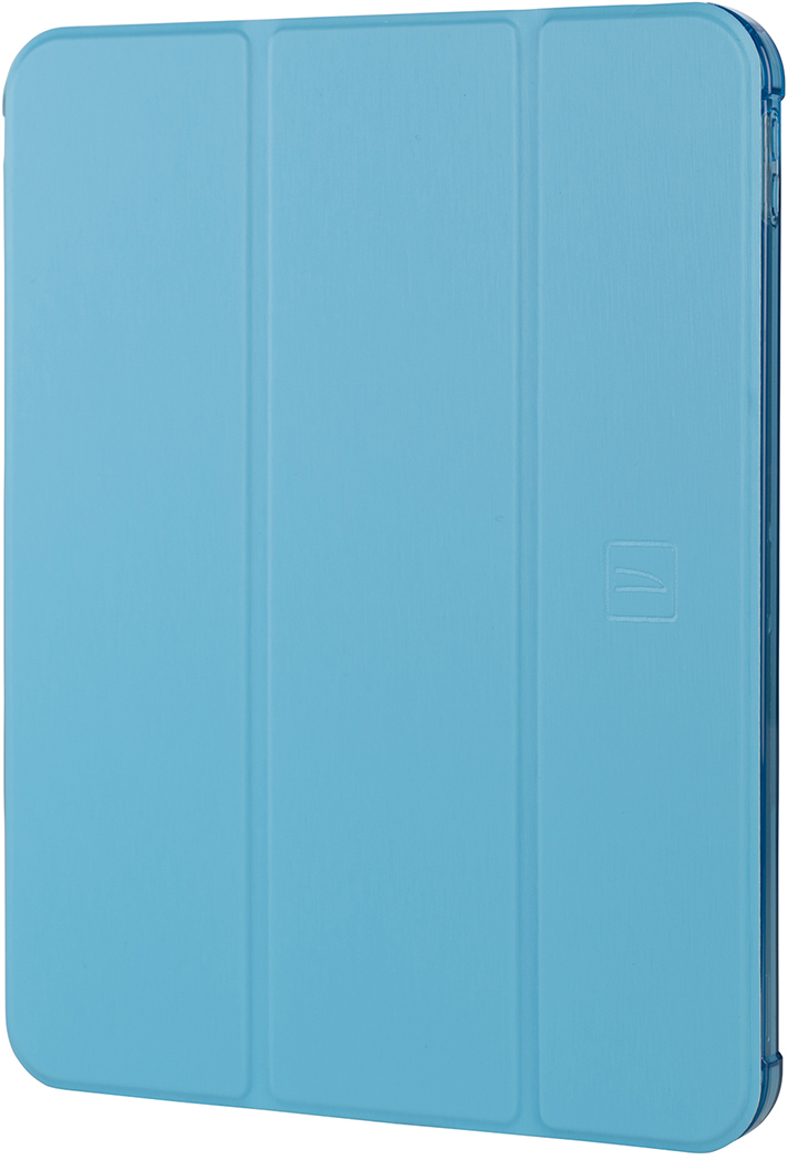 Blaue Tablet-Hülle, gefaltet, mit sichtbarem Markenlogo.