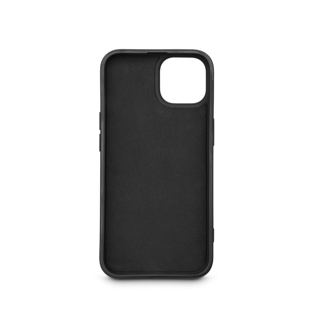 Schwarze iPhone-Hülle mit Kameraausschnitt und schwarzem Innenraum.