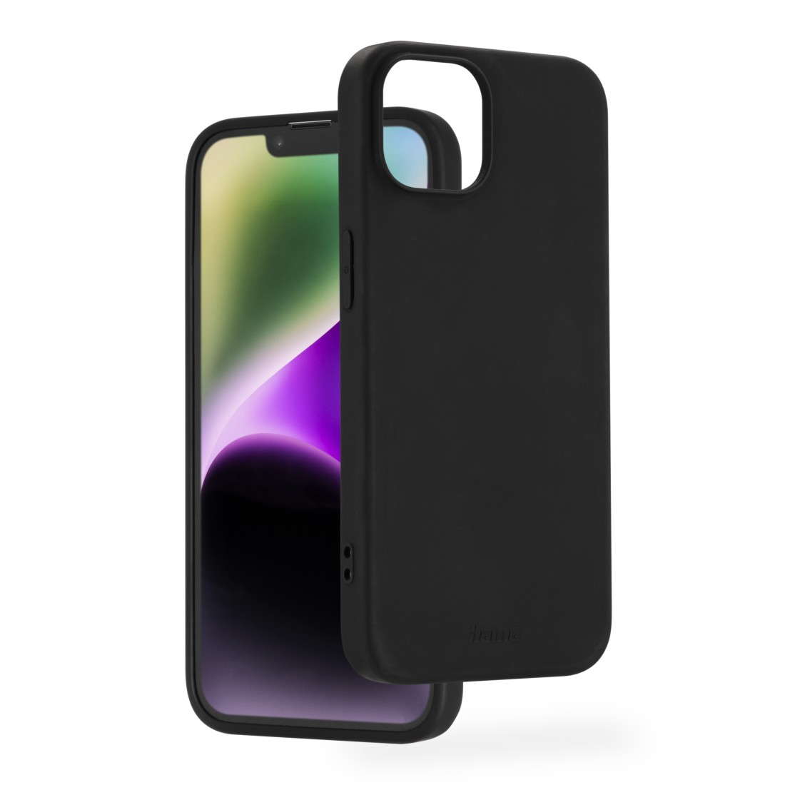 Schwarze Handyhülle mit Telefon, Kameraausschnitt, auf weißem Hintergrund.