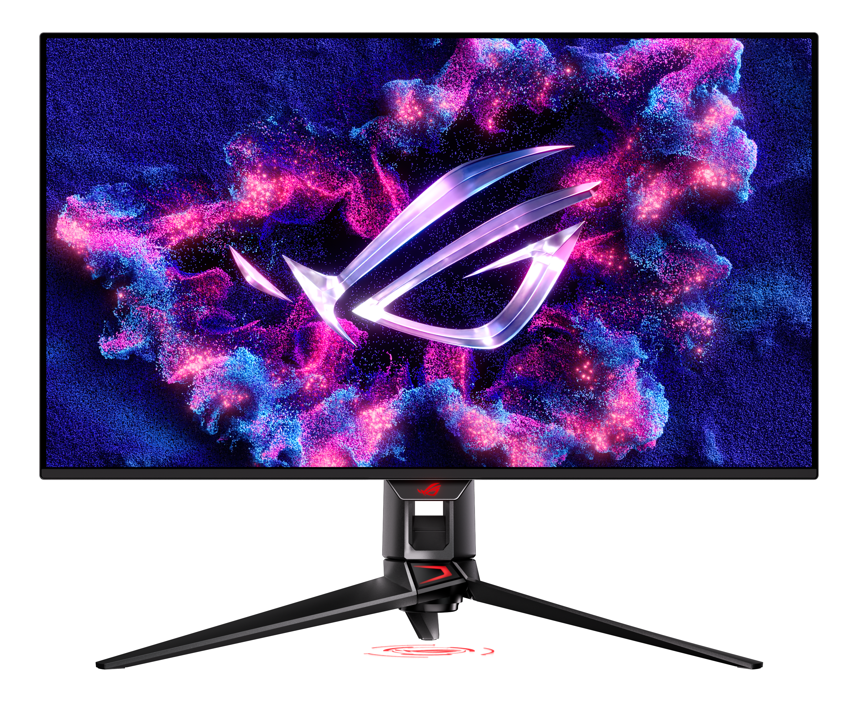 Un monitor per computer nero con supporto. Lo schermo mostra un design astratto e colorato.
