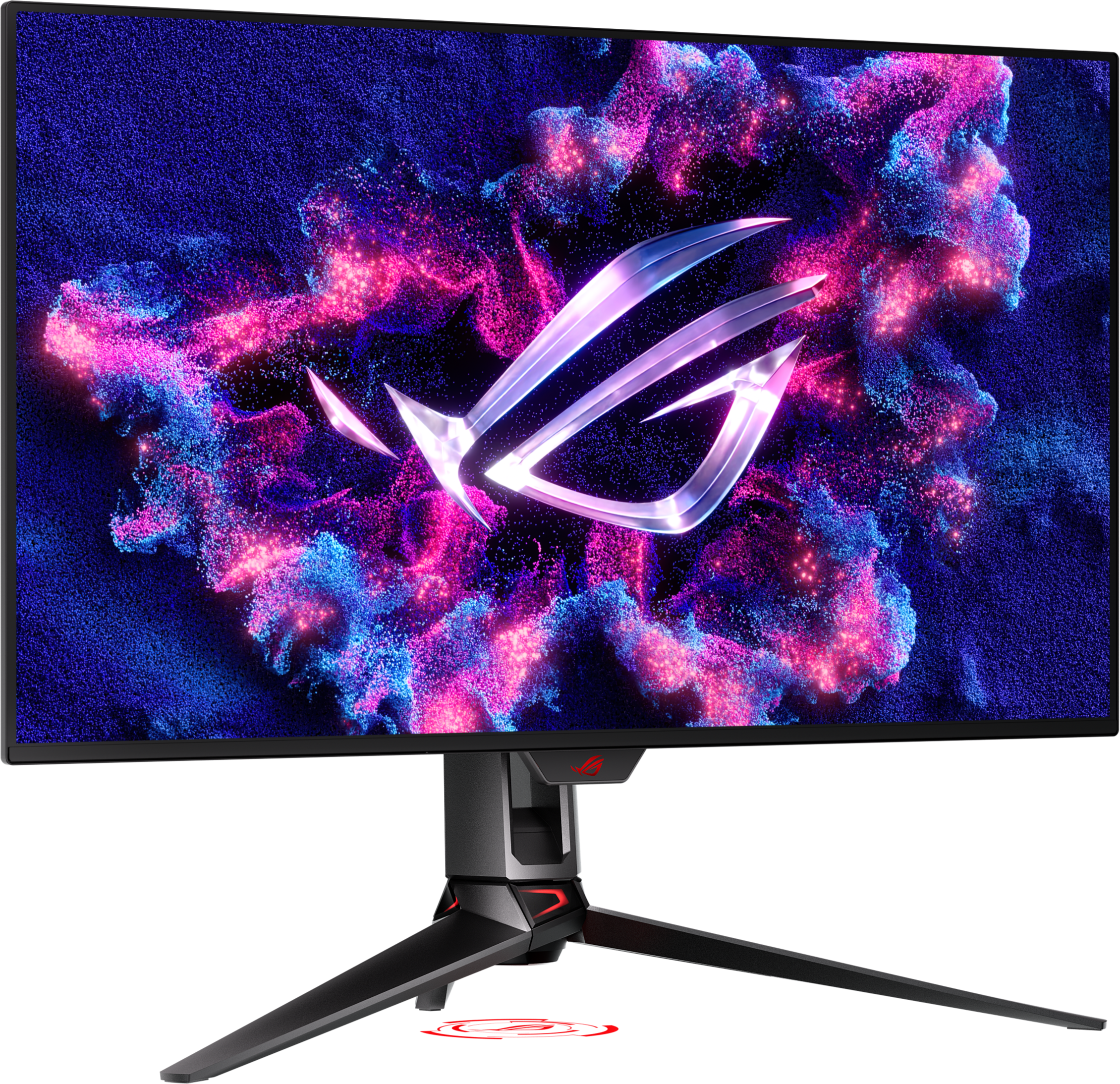 Monitor da gioco. Base nera con logo rosso e schermo curvo con immagini viola e rosa.