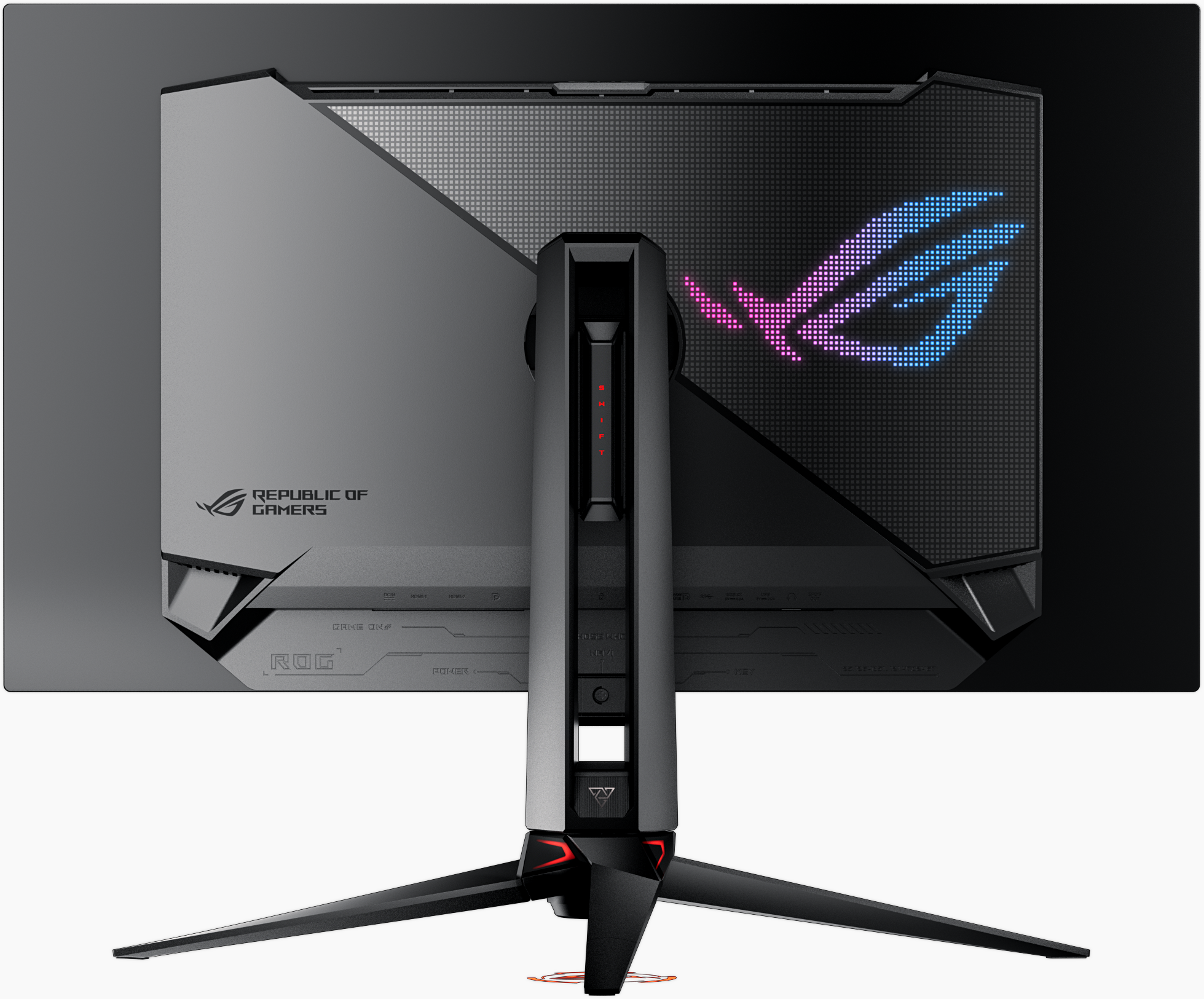 La parte posteriore di un monitor per computer nero e grigio. Ha il logo ROG.