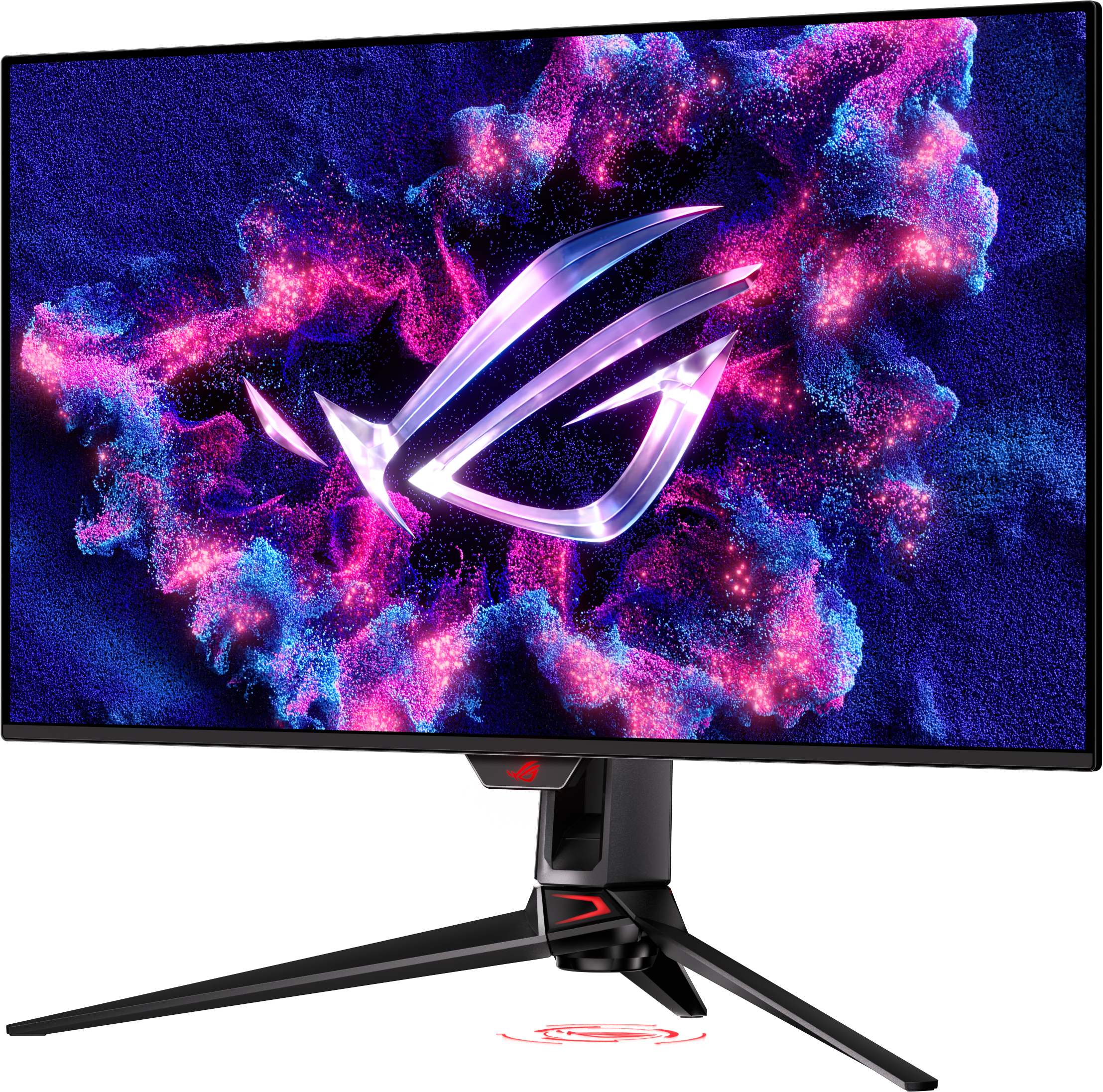 Monitor da gioco che mostra una grafica colorata. Supporto nero. Sfondo nero.