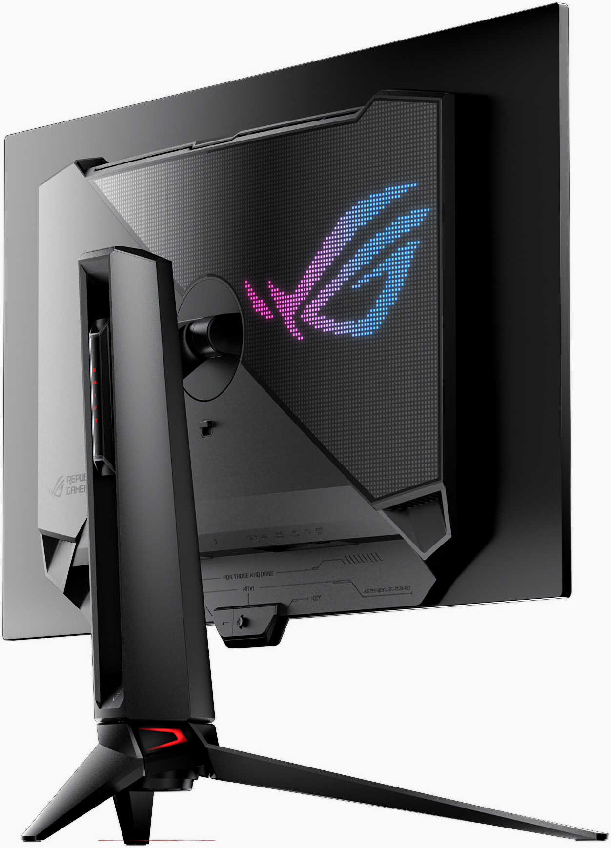 Vista posteriore di un monitor da gioco con il logo ASUS ROG, cornice nera e supporto.