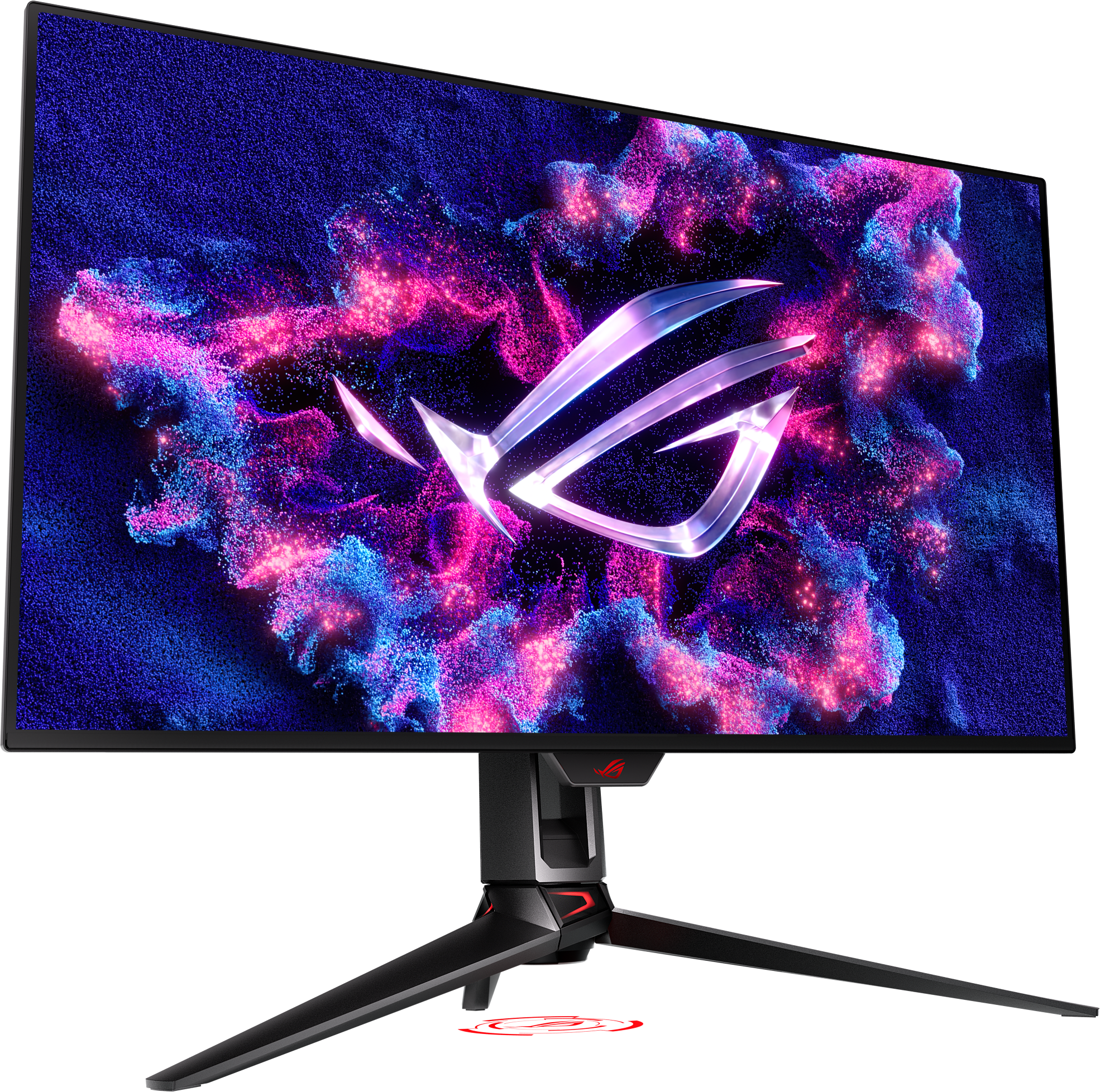 Un monitor con schermo curvo che mostra grafiche colorate, su sfondo nero.