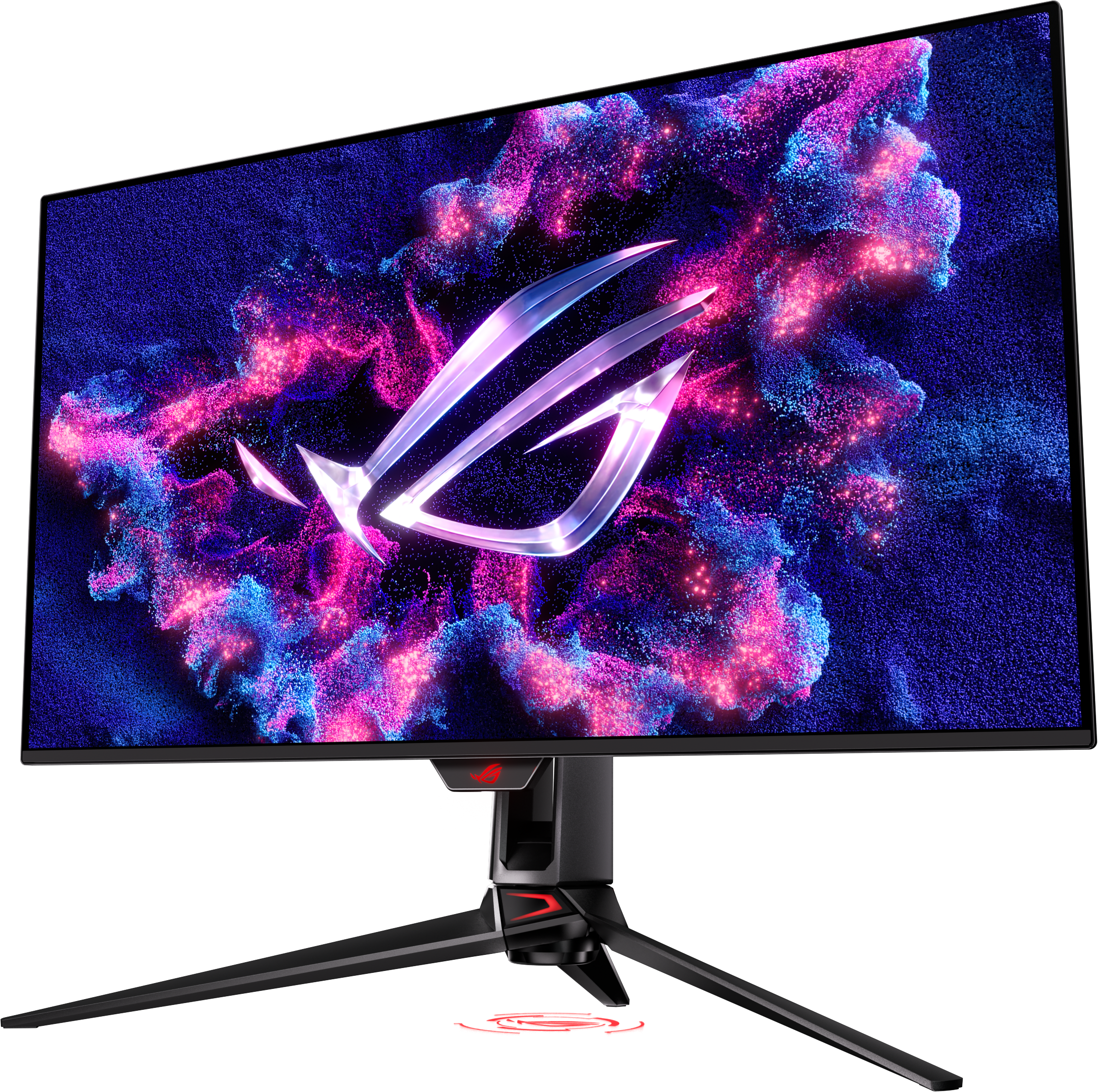 Monitor da gioco con schermo colorato, supporto rosso e logo ROG. Sfondo nero.