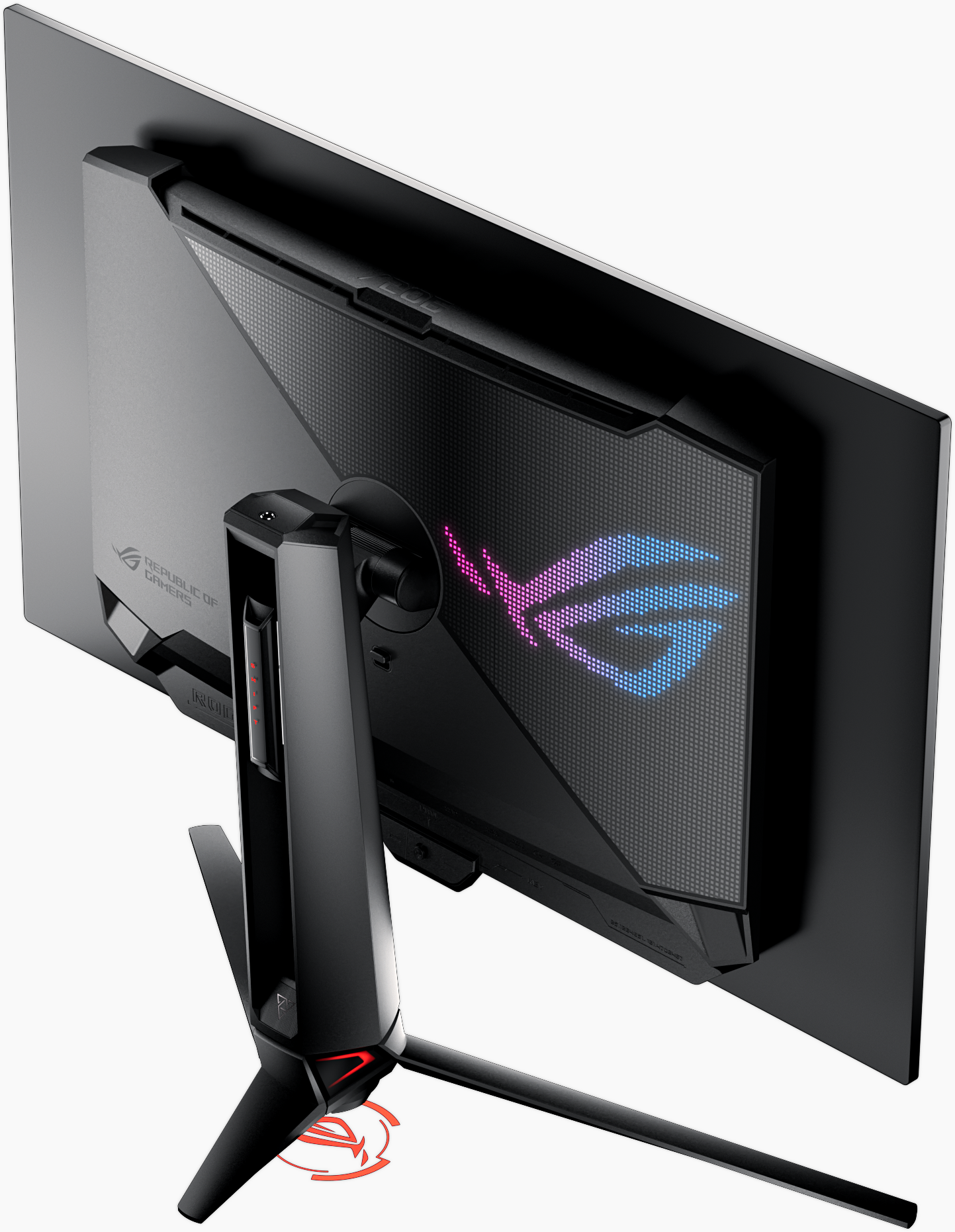 Vista posteriore di un monitor da gioco con logo ROG illuminato.