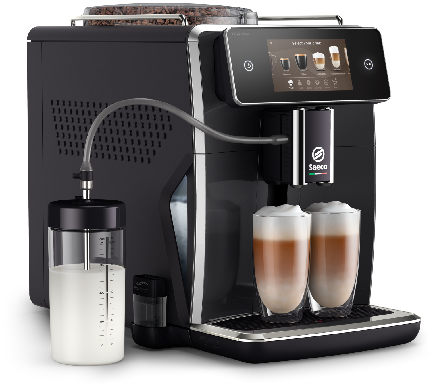 SAECO SM8780/00 Xelsis Deluxe Kaffeevollautomat (Klavierlack-Schwarz, Keramik, 15 bar, externer Milchbehälter)