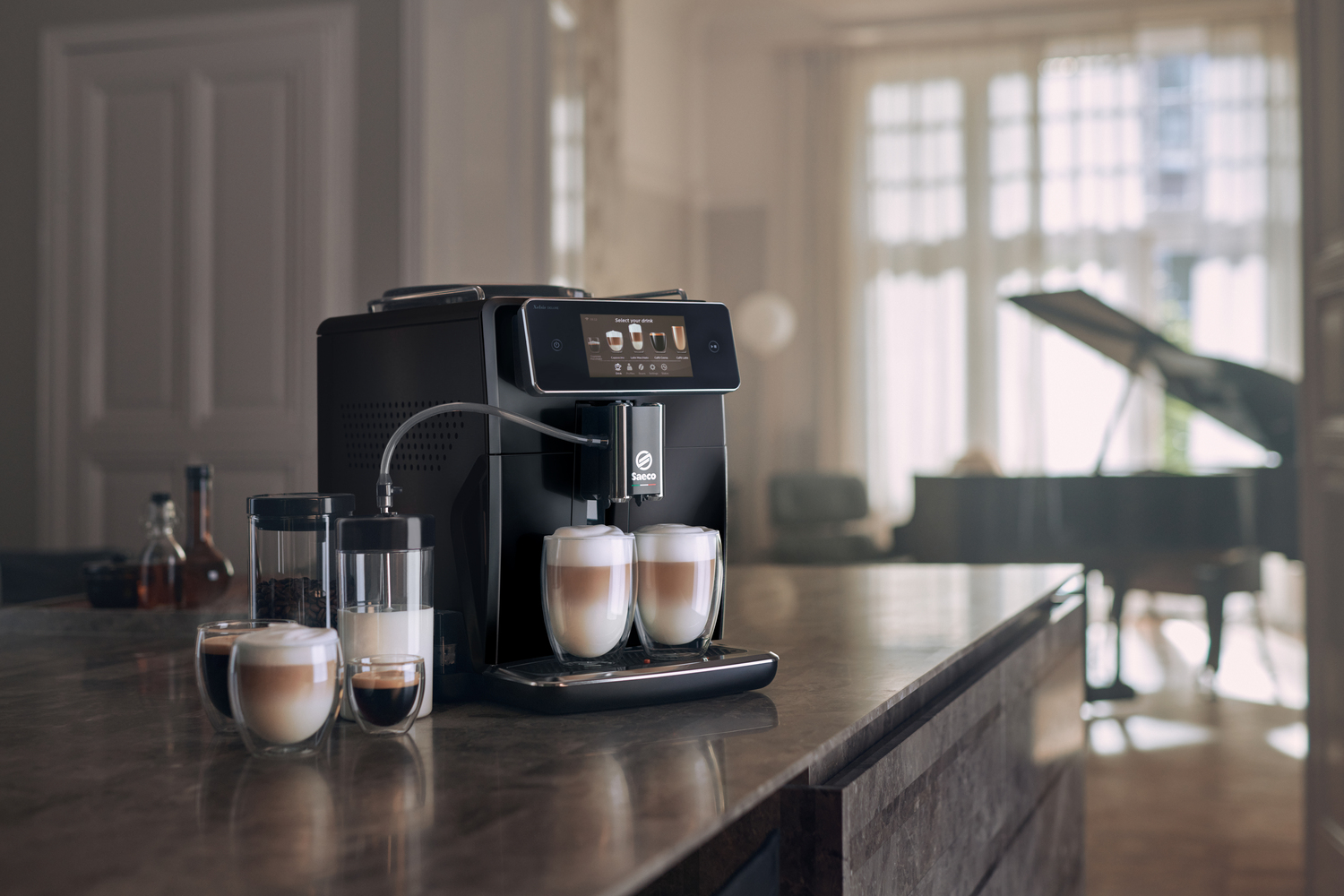 SAECO SM8780/00 Xelsis Deluxe Kaffeevollautomat (Klavierlack-Schwarz, Keramik, 15 bar, externer Milchbehälter)