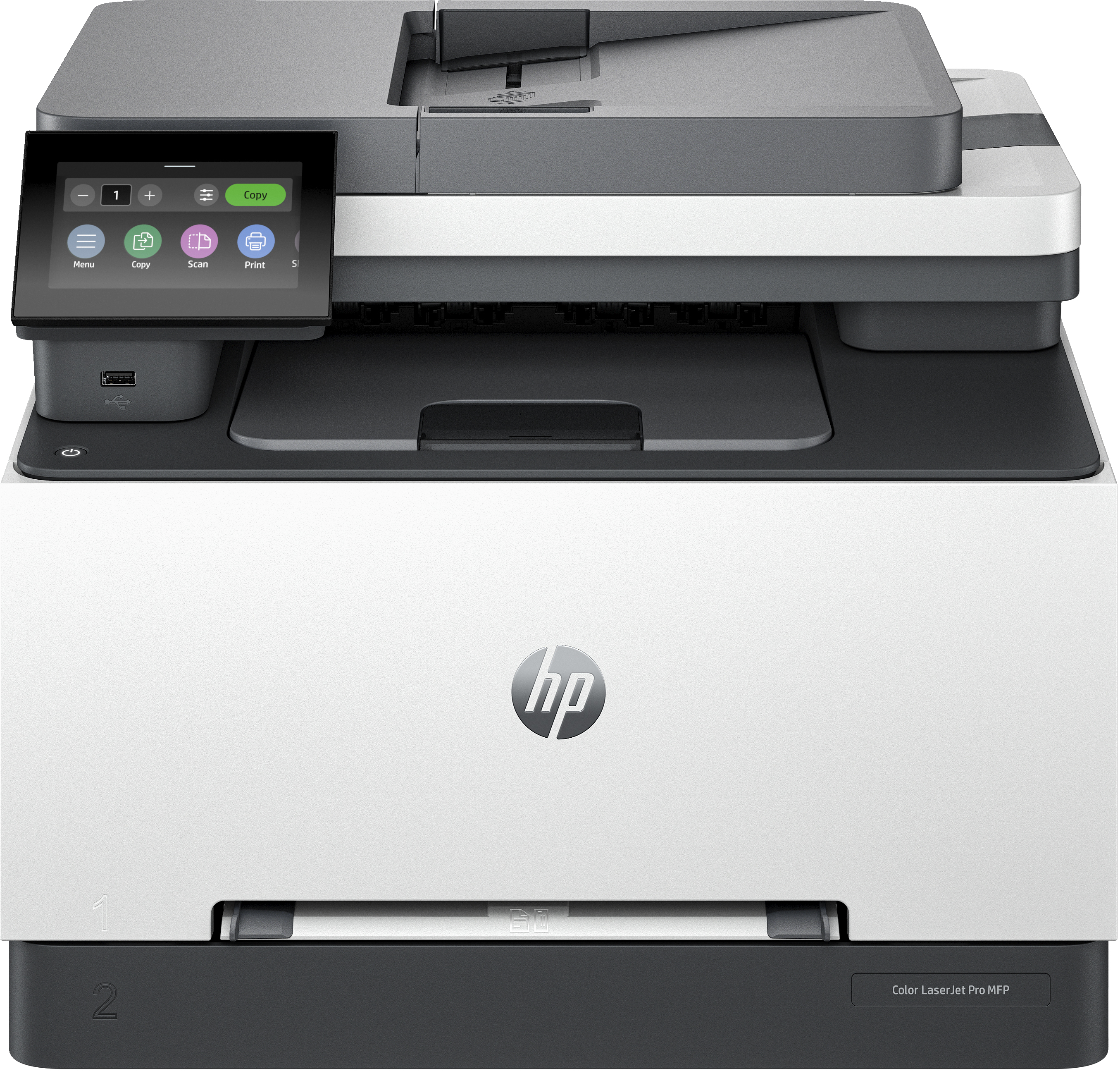 Weiß-grauer HP-Drucker mit Touchscreen-Display, Logo auf der Vorderseite sichtbar.
