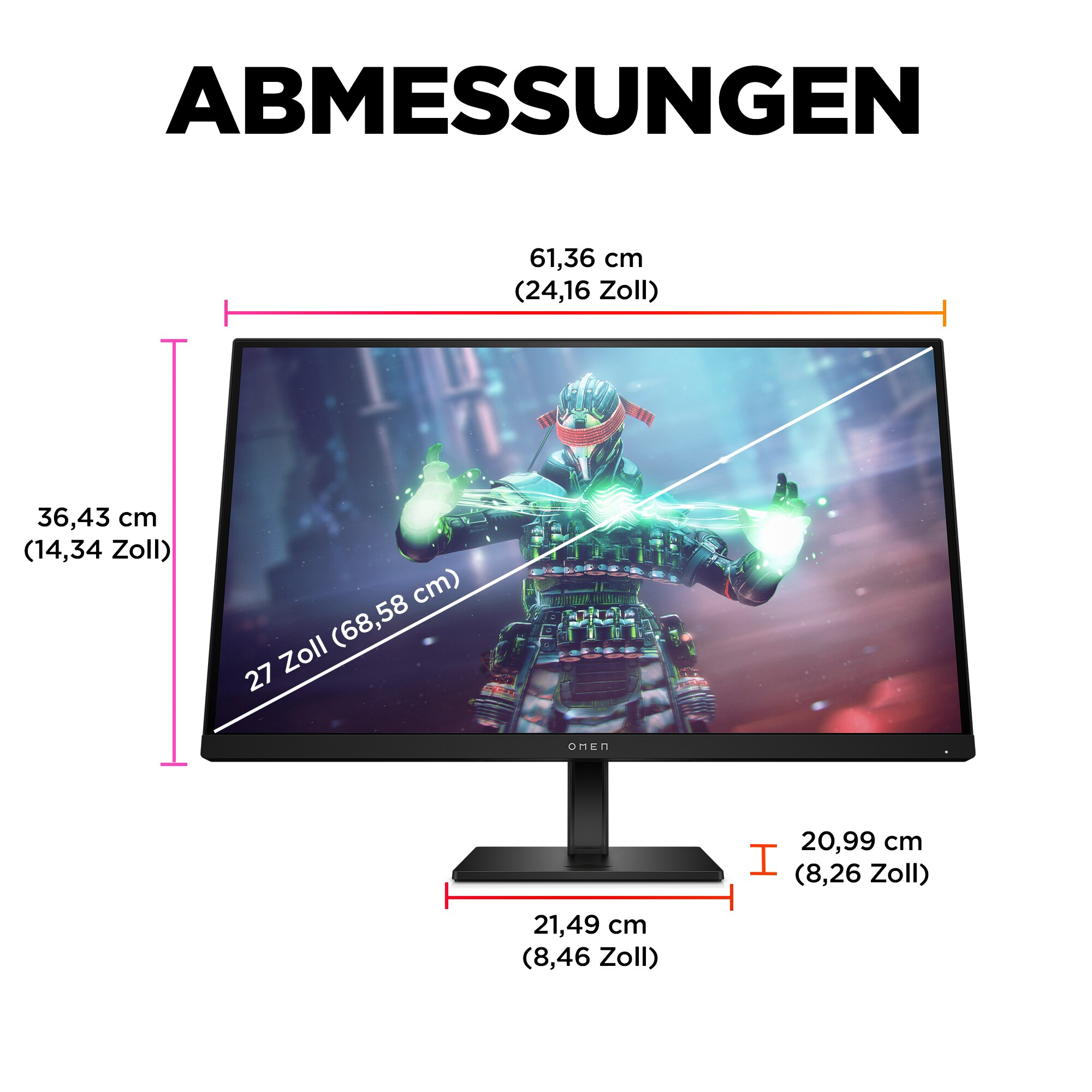 Ein Computermonitor auf einem schwarzen Ständer, der eine Spielszene zeigt, mit Maßangaben.