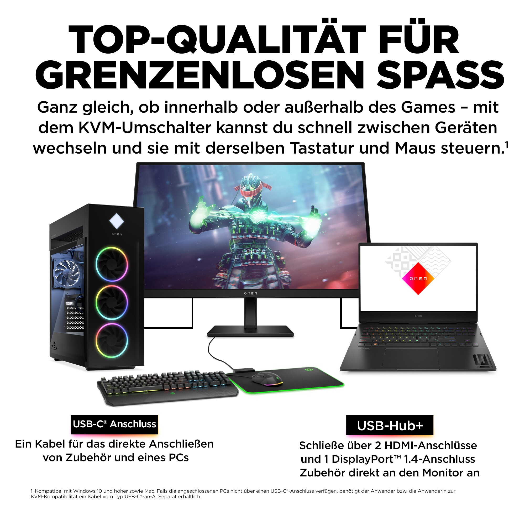Ein Desktop-Setup mit Computer, Monitor, Tastatur und Maus. Text zeigt USB-Anschlüsse.